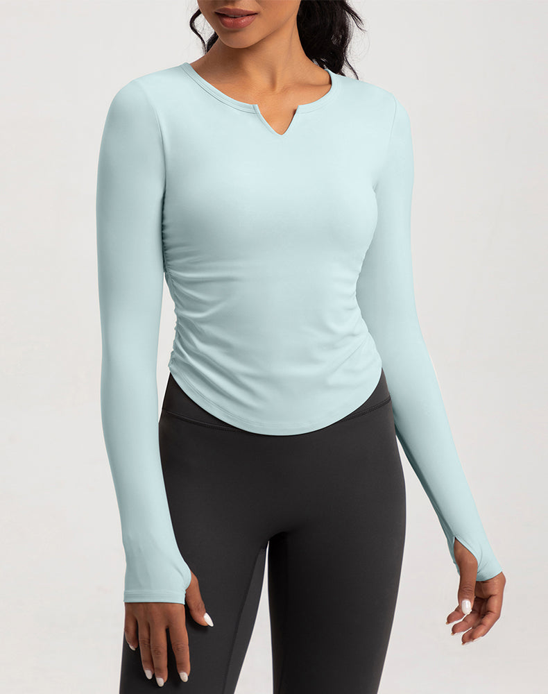 V-Neck Sides Pleated Long Sleeve Yoga Top