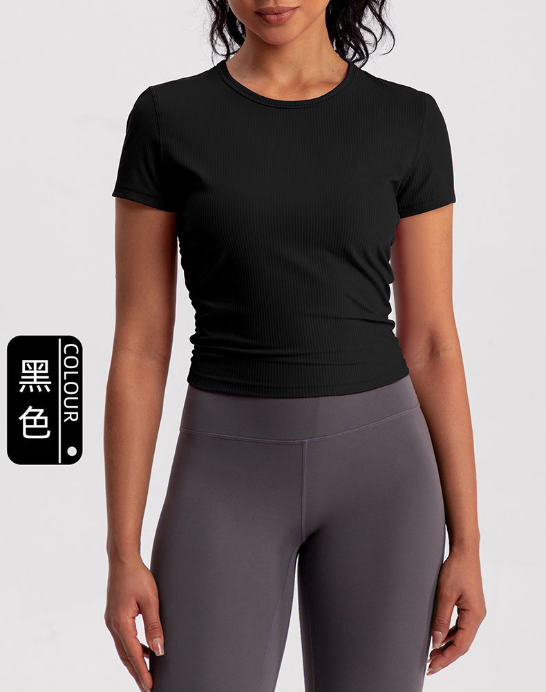 Side Pleated Ribbed Short Sleeve Yoga Top