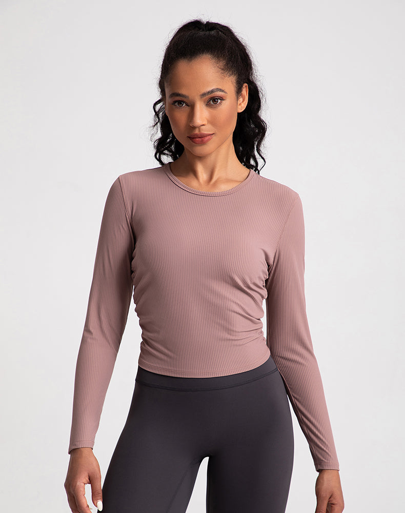 Sides Pleated Ribbed Long Sleeve Yoga Top