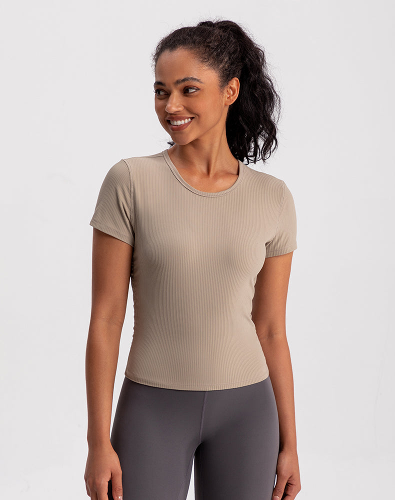 Side Pleated Ribbed Short Sleeve Yoga Top