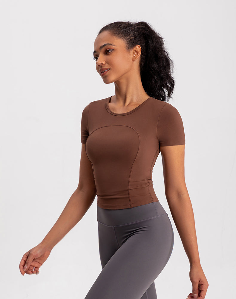 Small Crew Neck Built-in Bra Short Sleeve Yoga Top