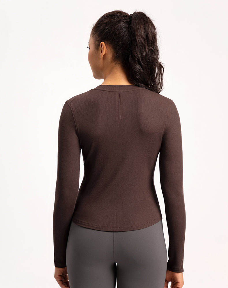 Button V-Neck Round Hem Long Sleeve Yoga Top