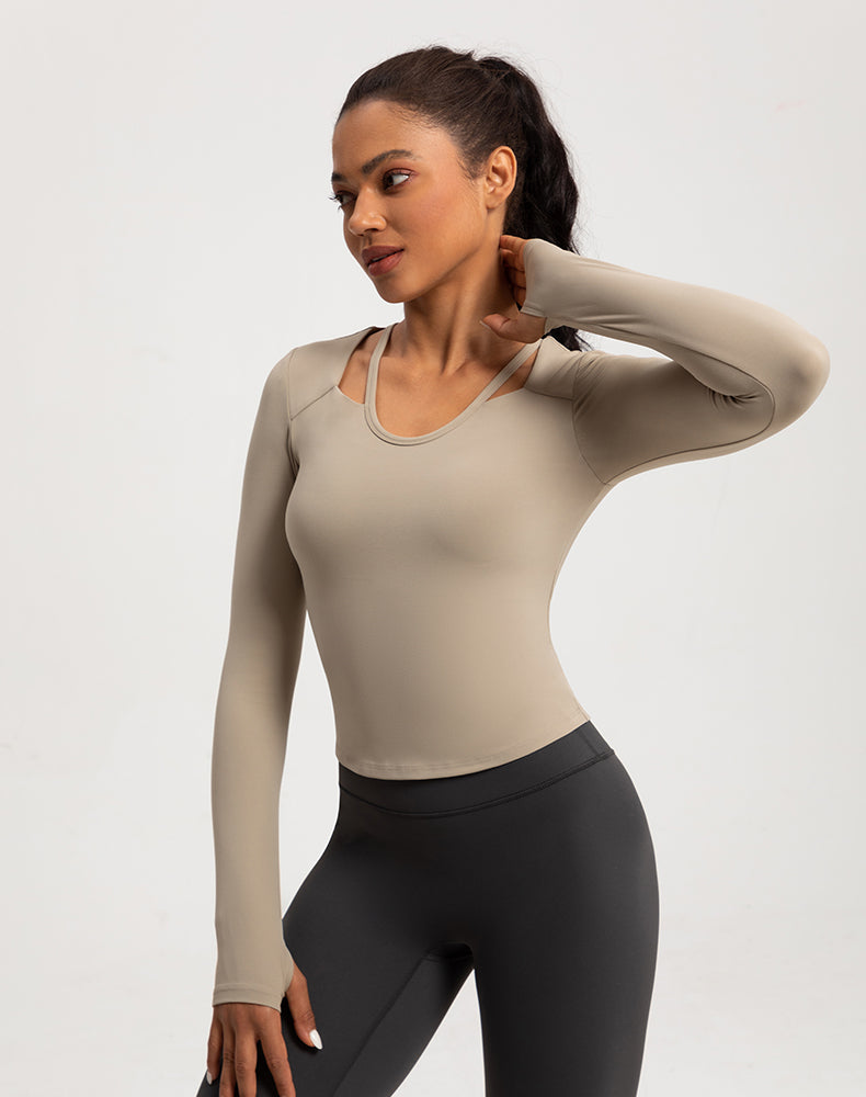 Neck Double Strap Long Sleeve Yoga Top