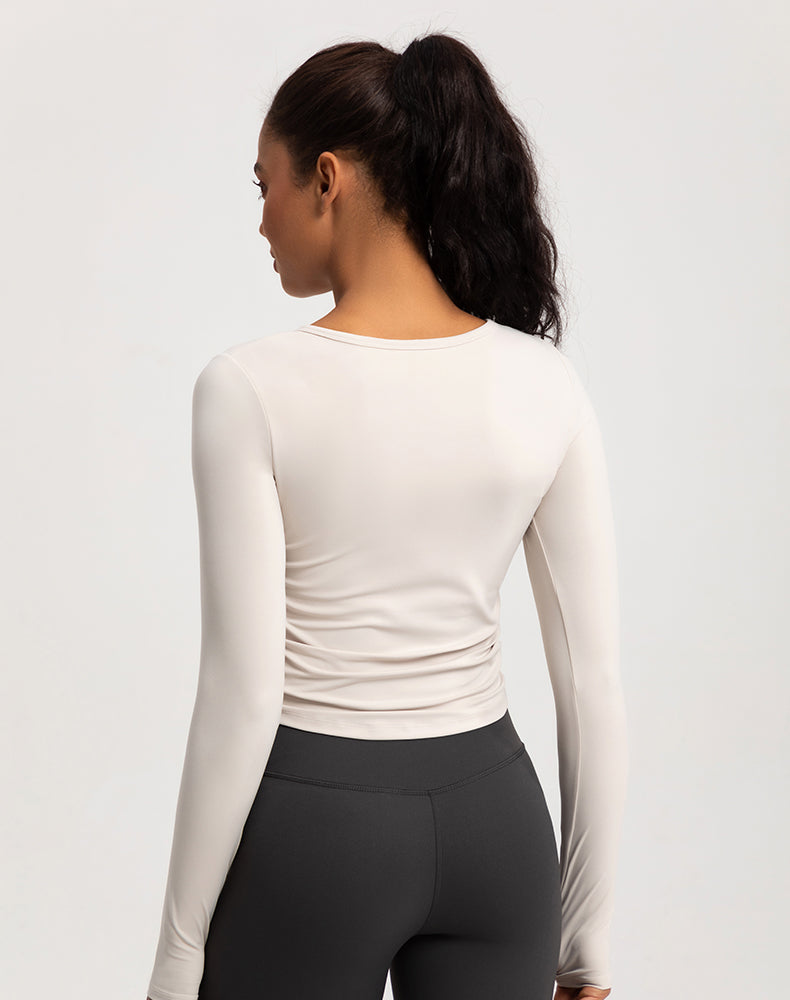 V-Neck Sides Pleated Long Sleeve Yoga Top