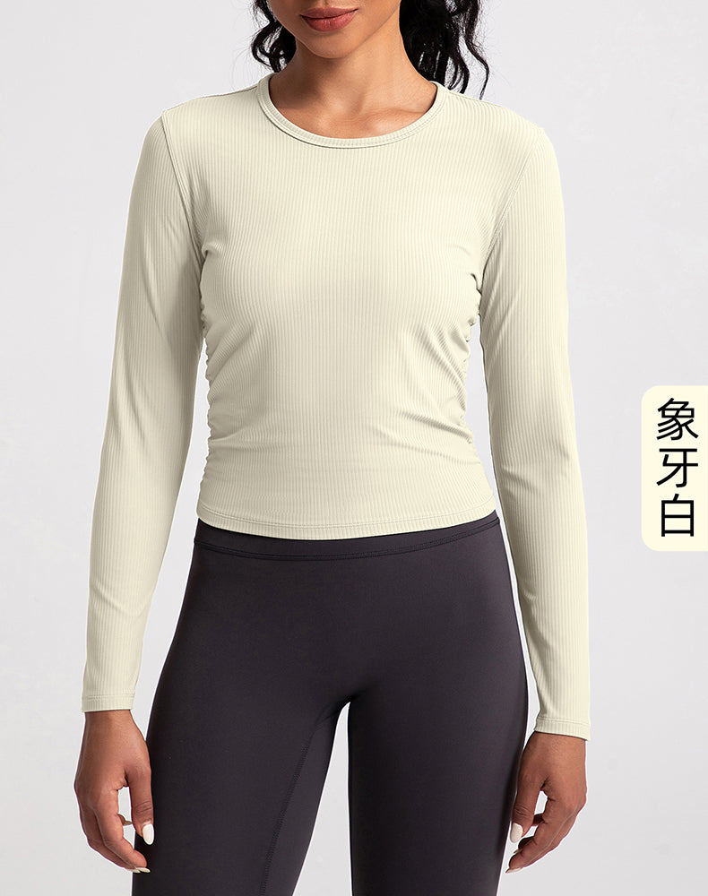 Sides Pleated Ribbed Long Sleeve Yoga Top