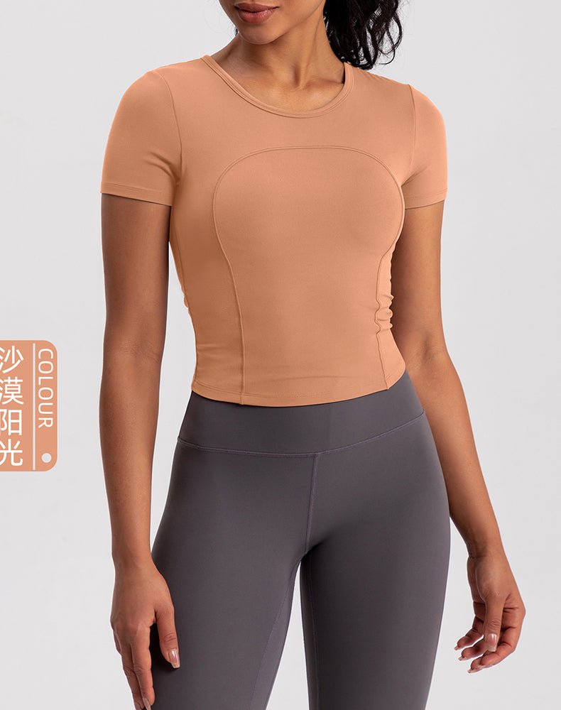 Small Crew Neck Built-in Bra Short Sleeve Yoga Top