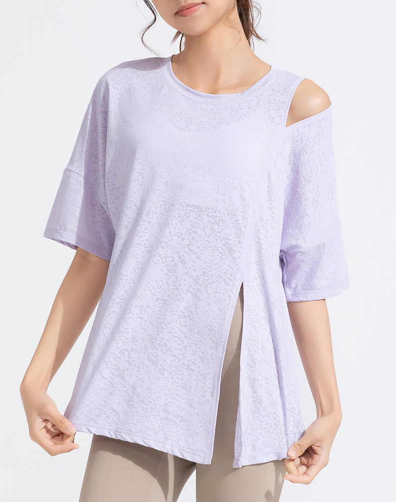 Front Slit Jacquard Short Sleeve Yoga Top