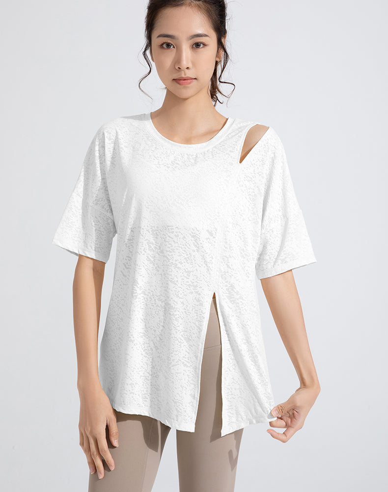 Front Slit Jacquard Short Sleeve Yoga Top