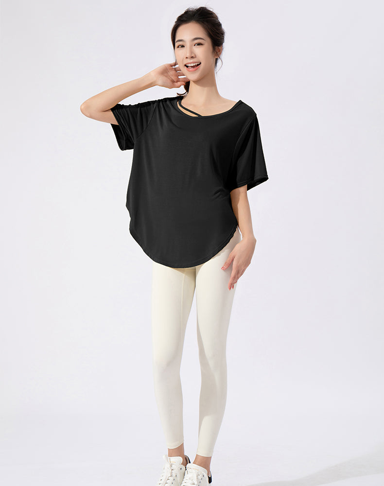 Loose Fit Round Hem Short Sleeve Yoga Top