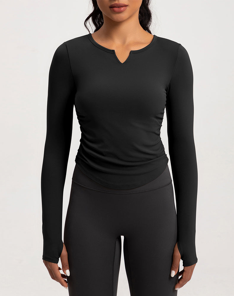 V-Neck Sides Pleated Long Sleeve Yoga Top