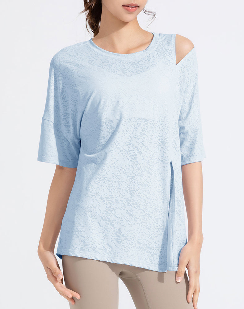 Front Slit Jacquard Short Sleeve Yoga Top