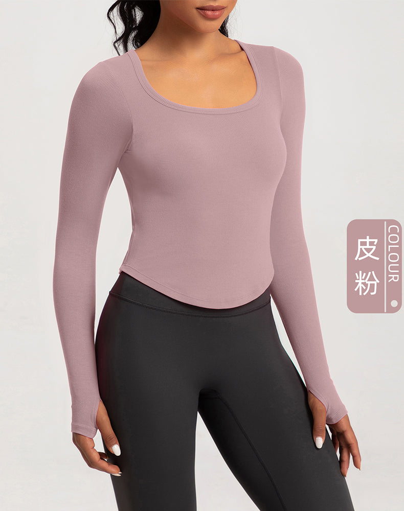 Wide Neck Ribbed Long Sleeve Yoga Top