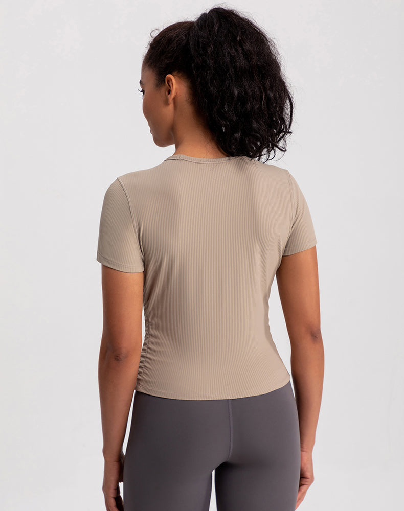 Side Pleated Ribbed Short Sleeve Yoga Top