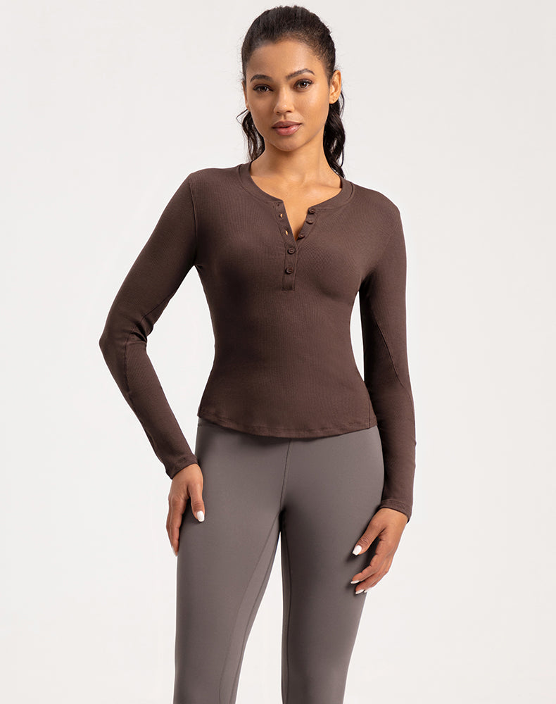 Button V-Neck Round Hem Long Sleeve Yoga Top