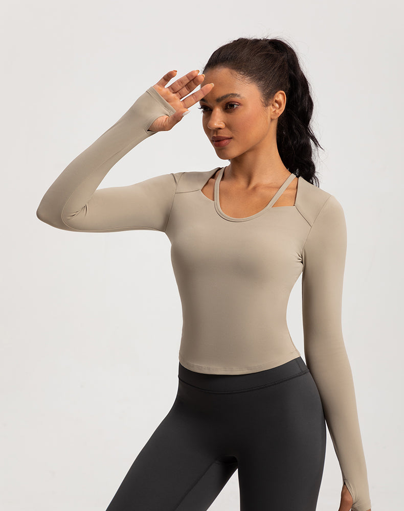 Neck Double Strap Long Sleeve Yoga Top