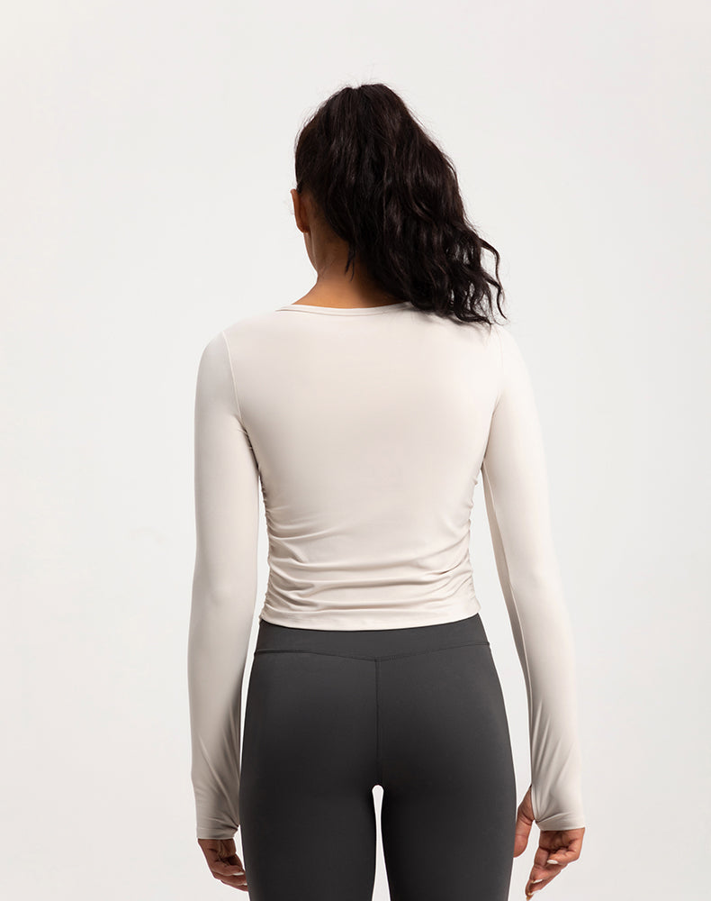 V-Neck Sides Pleated Long Sleeve Yoga Top