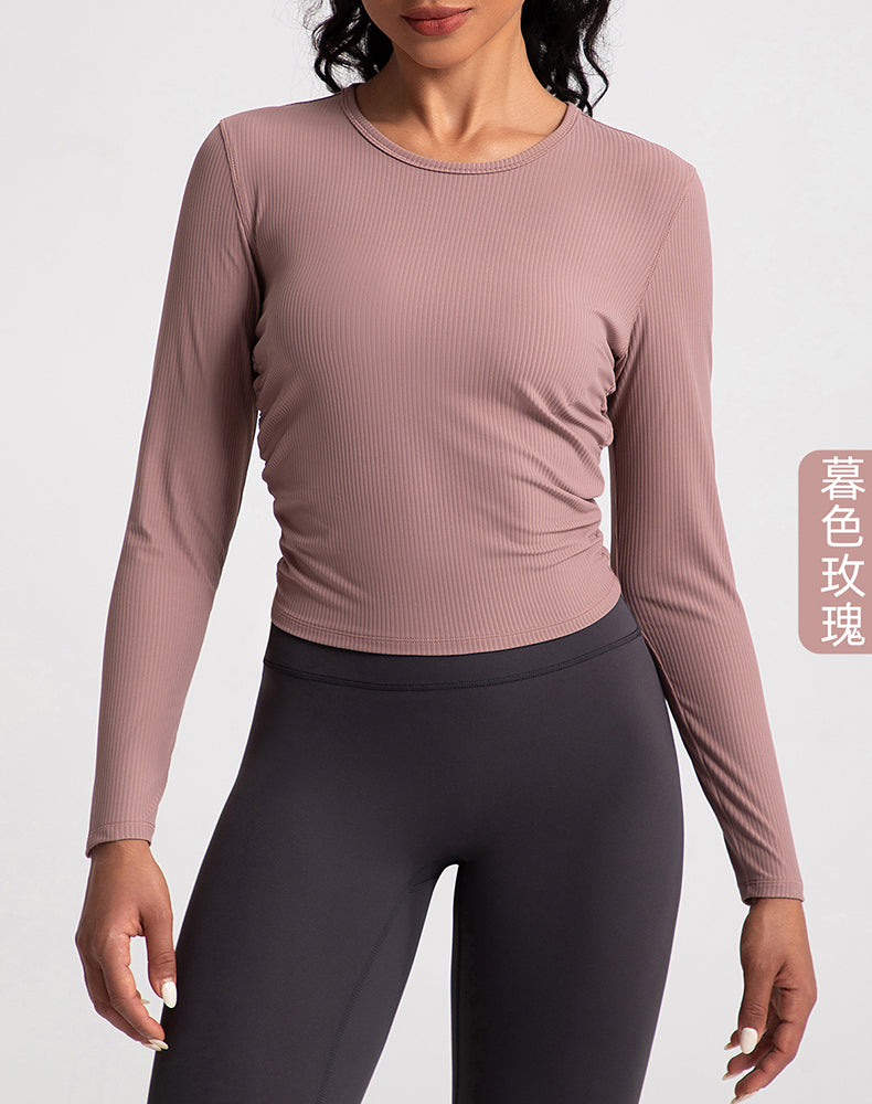 Sides Pleated Ribbed Long Sleeve Yoga Top