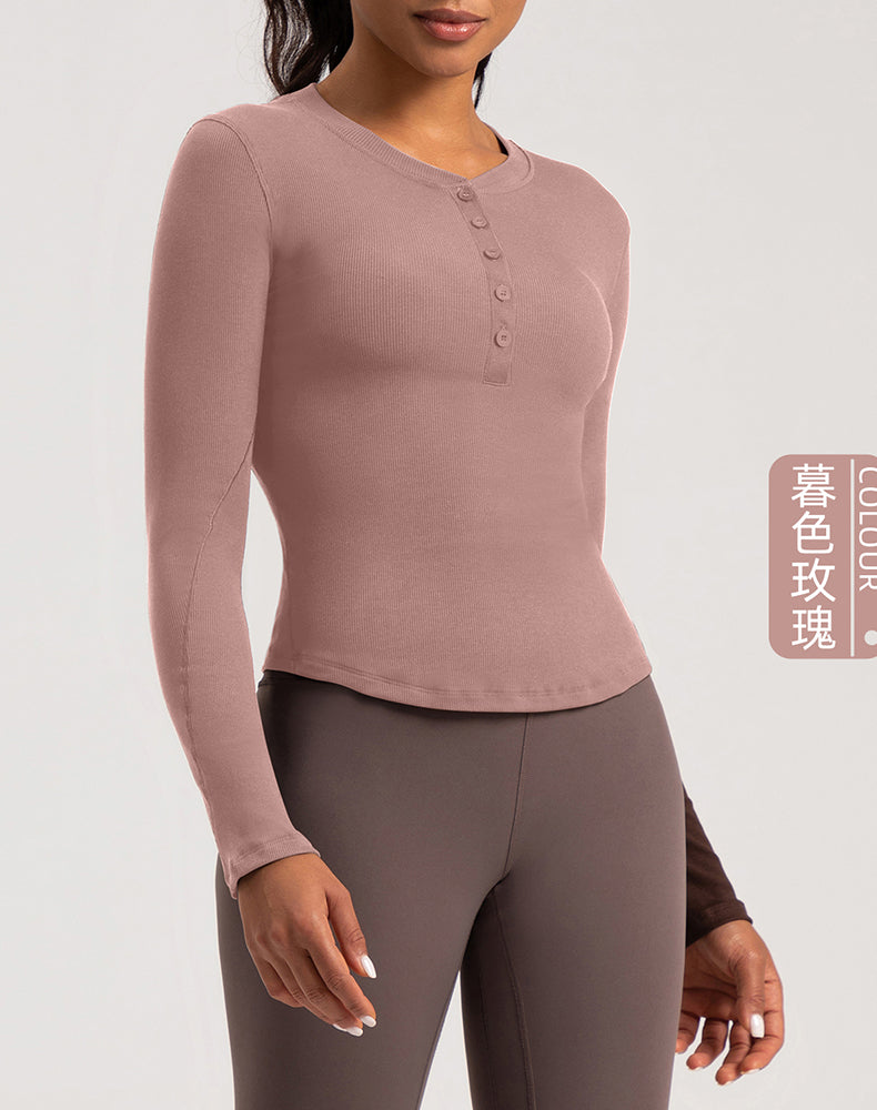 Button V-Neck Round Hem Long Sleeve Yoga Top