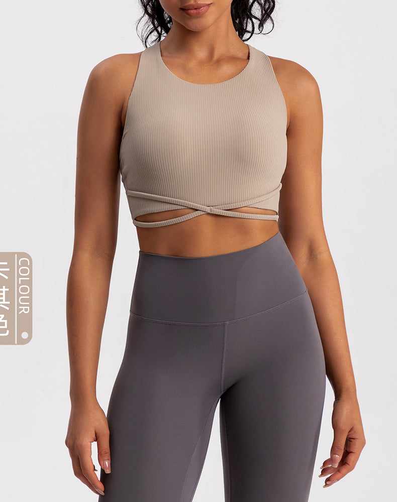 Front X-Cross Striped Fabric Yoga Bra