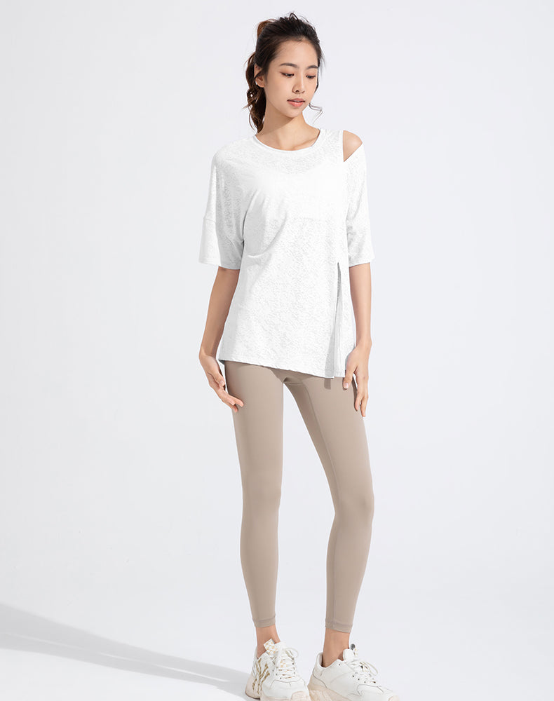 Front Slit Jacquard Short Sleeve Yoga Top