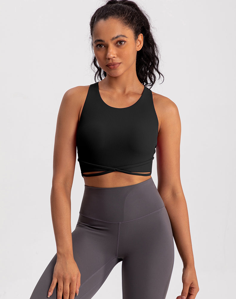 Front X-Cross Striped Fabric Yoga Bra