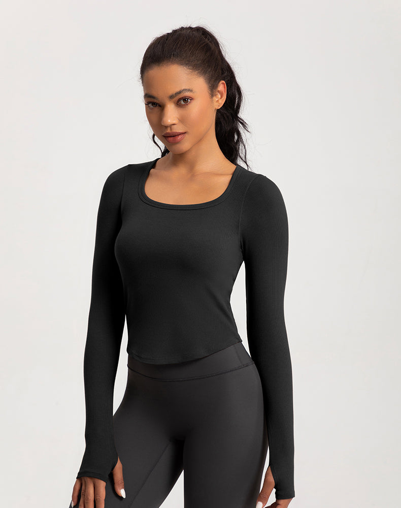 Wide Neck Ribbed Long Sleeve Yoga Top