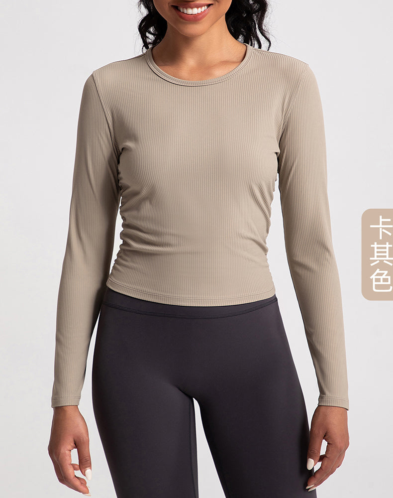 Sides Pleated Ribbed Long Sleeve Yoga Top