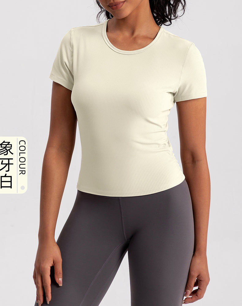 Side Pleated Ribbed Short Sleeve Yoga Top