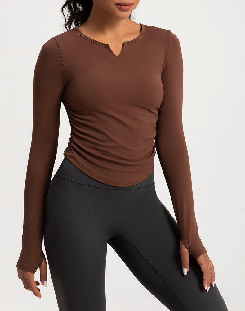 V-Neck Sides Pleated Long Sleeve Yoga Top