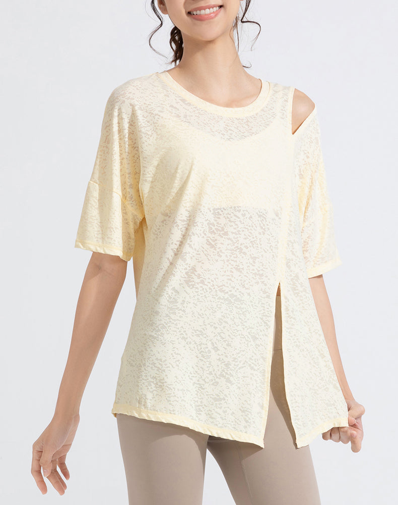 Front Slit Jacquard Short Sleeve Yoga Top