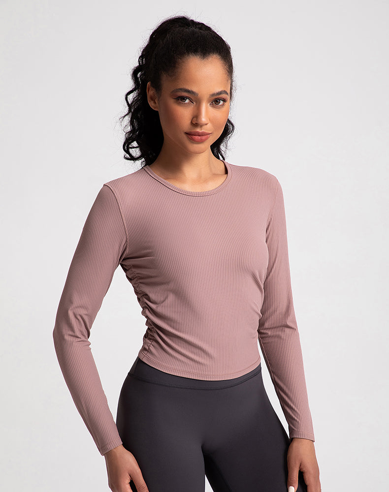 Sides Pleated Ribbed Long Sleeve Yoga Top