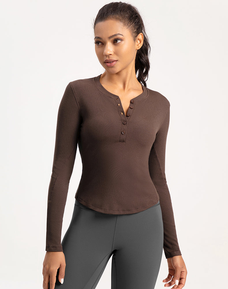 Button V-Neck Round Hem Long Sleeve Yoga Top