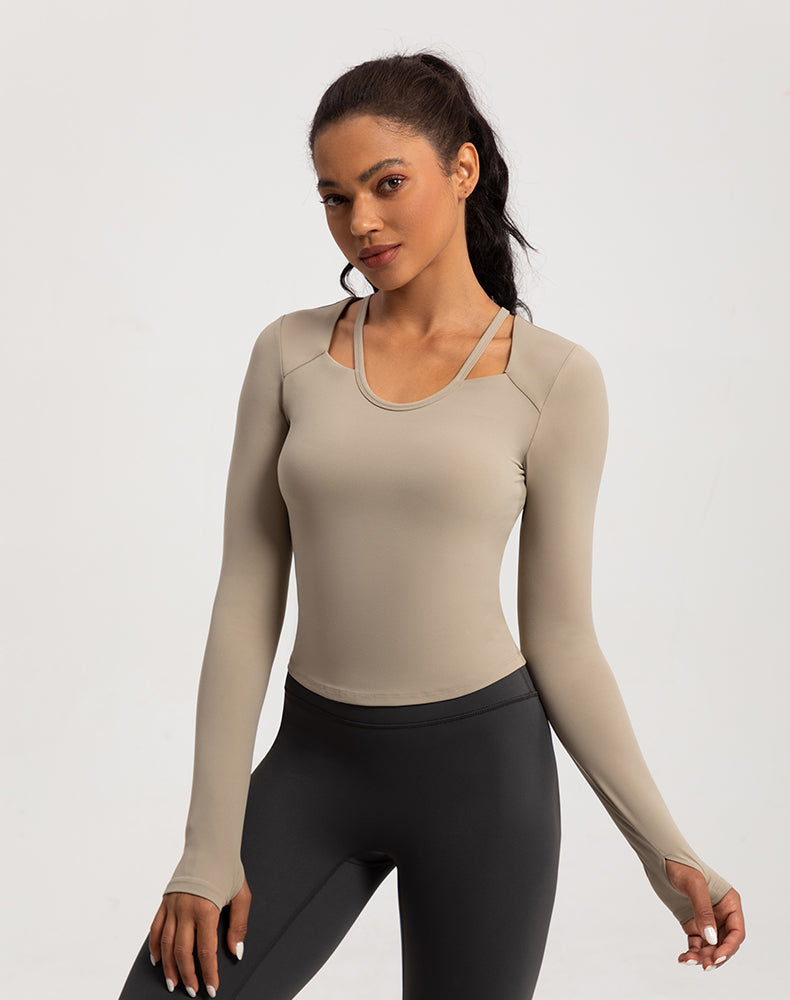 Neck Double Strap Long Sleeve Yoga Top