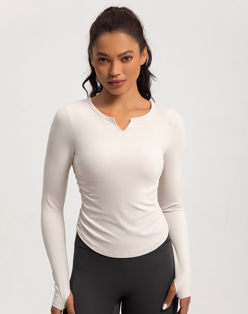 V-Neck Sides Pleated Long Sleeve Yoga Top