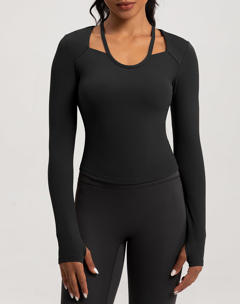 Neck Double Strap Long Sleeve Yoga Top