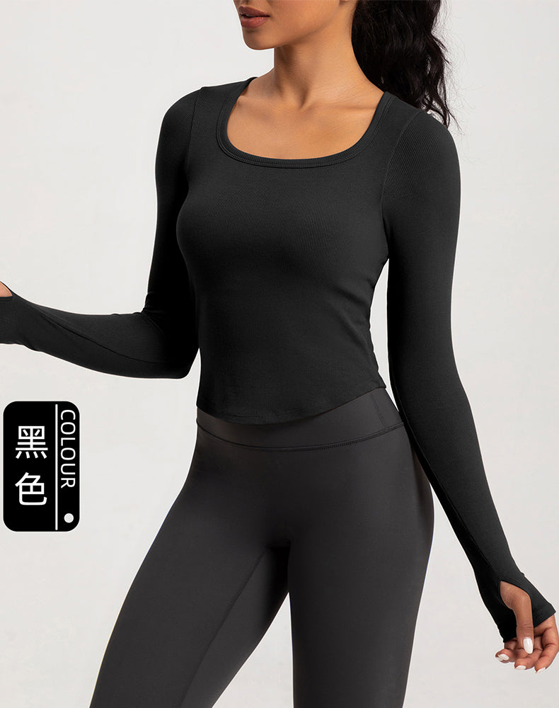 Wide Neck Ribbed Long Sleeve Yoga Top