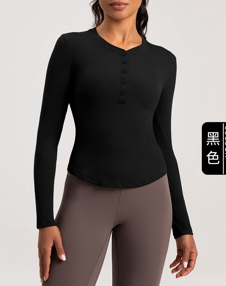 Button V-Neck Round Hem Long Sleeve Yoga Top