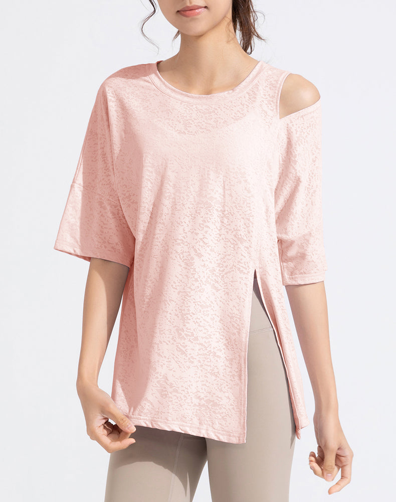 Front Slit Jacquard Short Sleeve Yoga Top