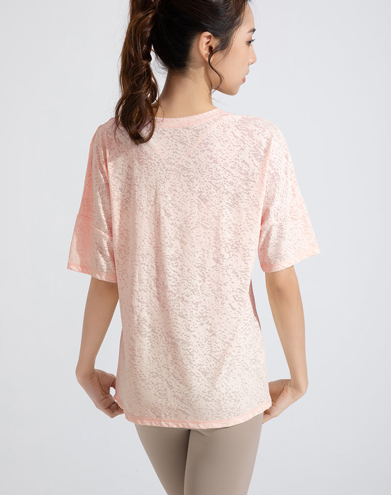 Front Slit Jacquard Short Sleeve Yoga Top