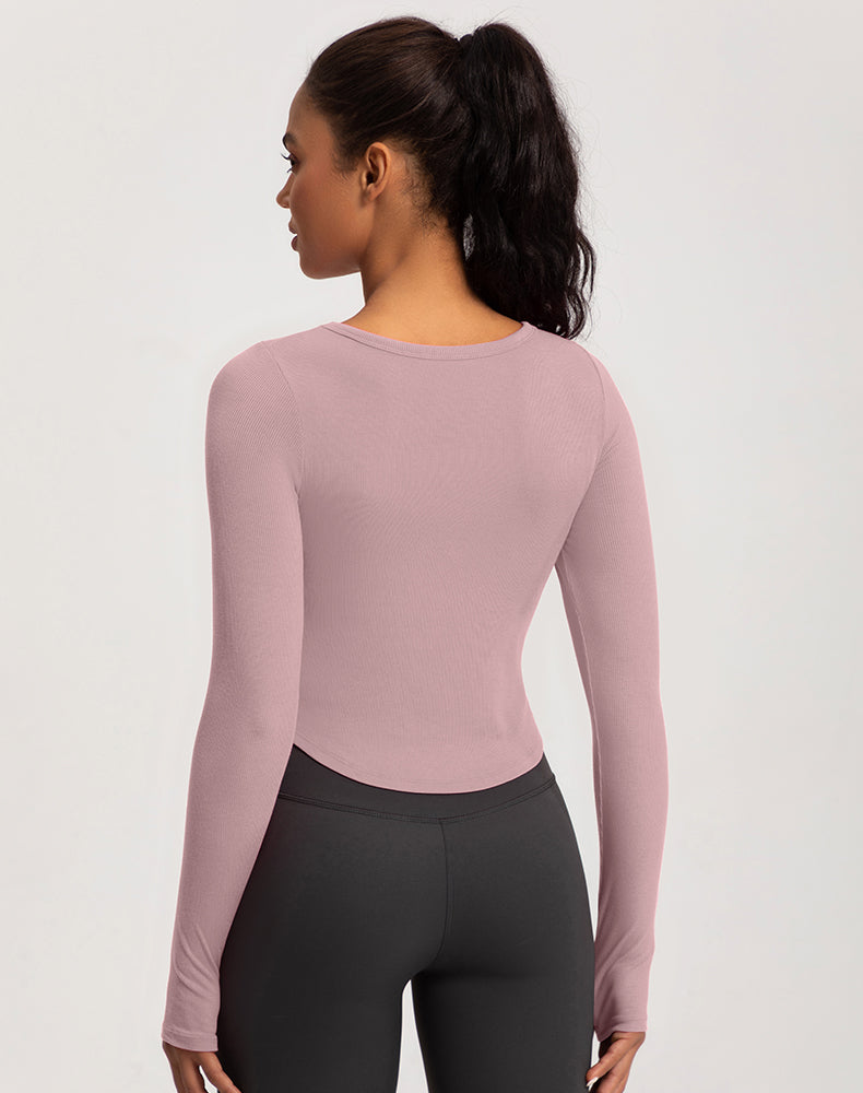 Wide Neck Ribbed Long Sleeve Yoga Top