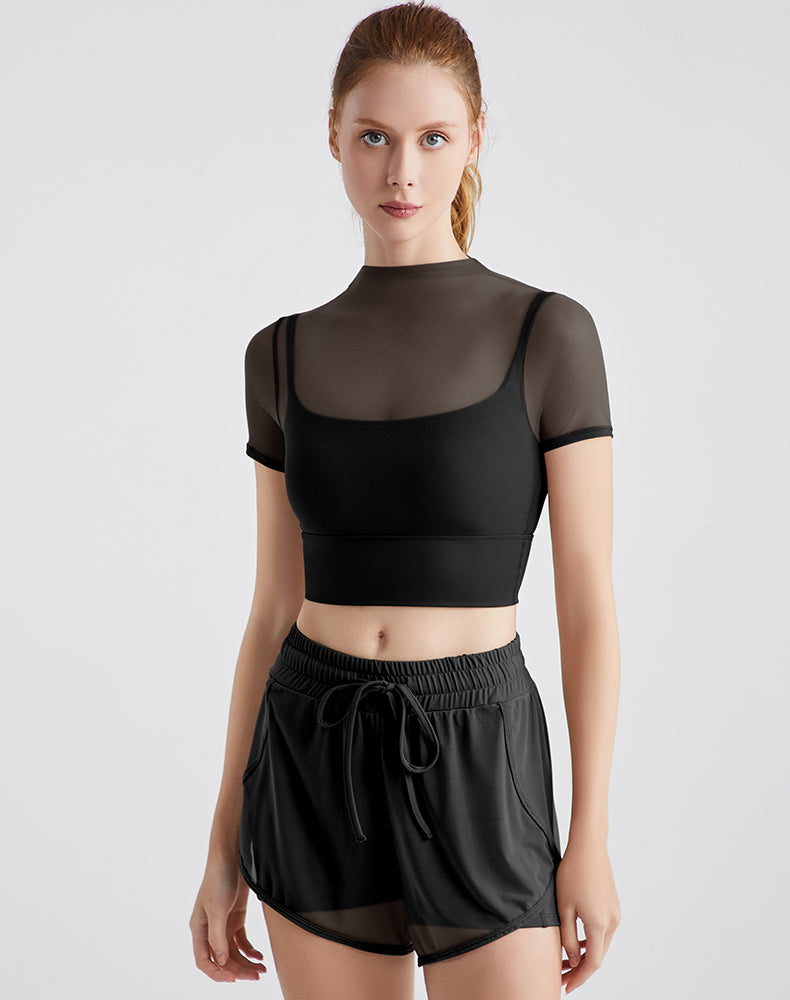 Mesh Faux Two-Layers Yoga Shorts