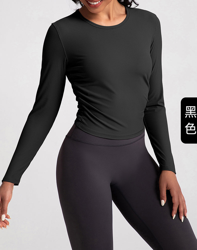 Sides Pleated Ribbed Long Sleeve Yoga Top