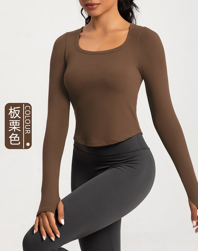 Wide Neck Ribbed Long Sleeve Yoga Top