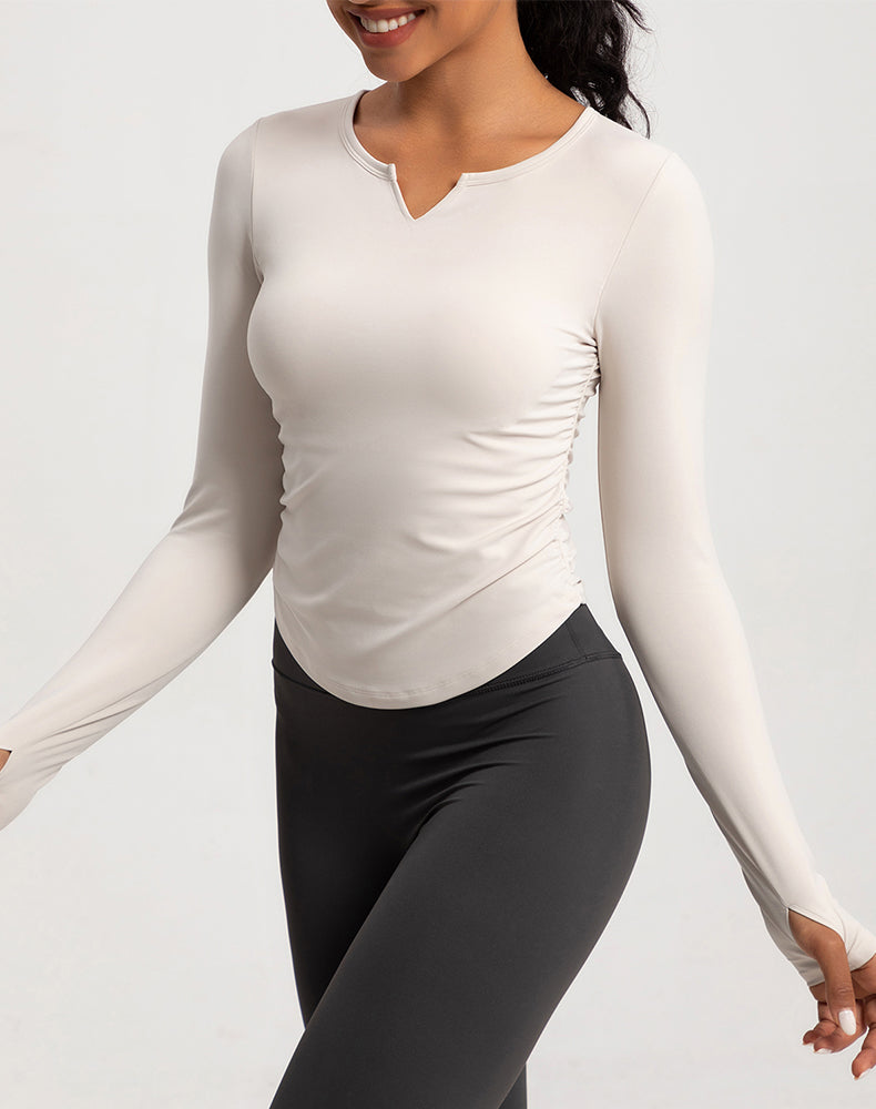 V-Neck Sides Pleated Long Sleeve Yoga Top