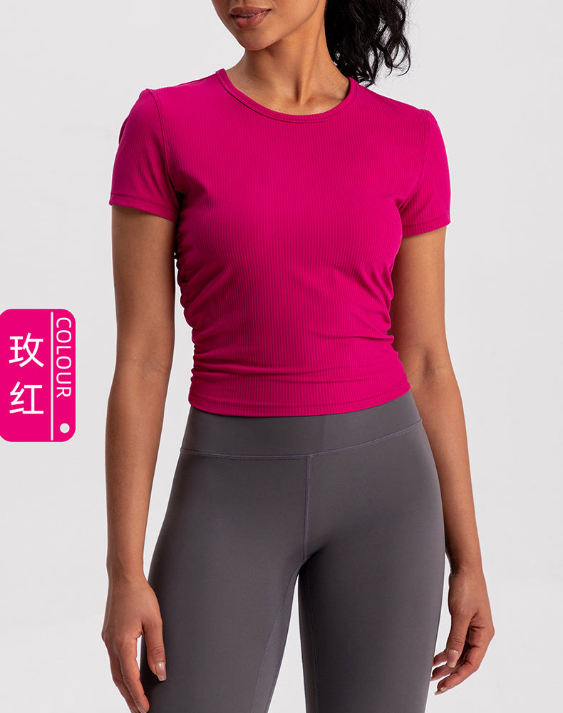 Side Pleated Ribbed Short Sleeve Yoga Top