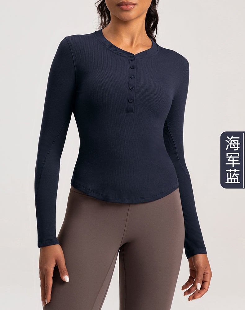 Button V-Neck Round Hem Long Sleeve Yoga Top