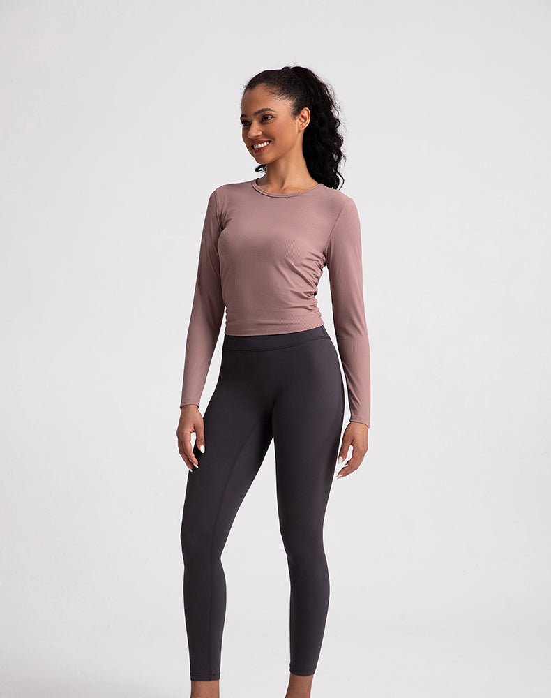 Sides Pleated Ribbed Long Sleeve Yoga Top