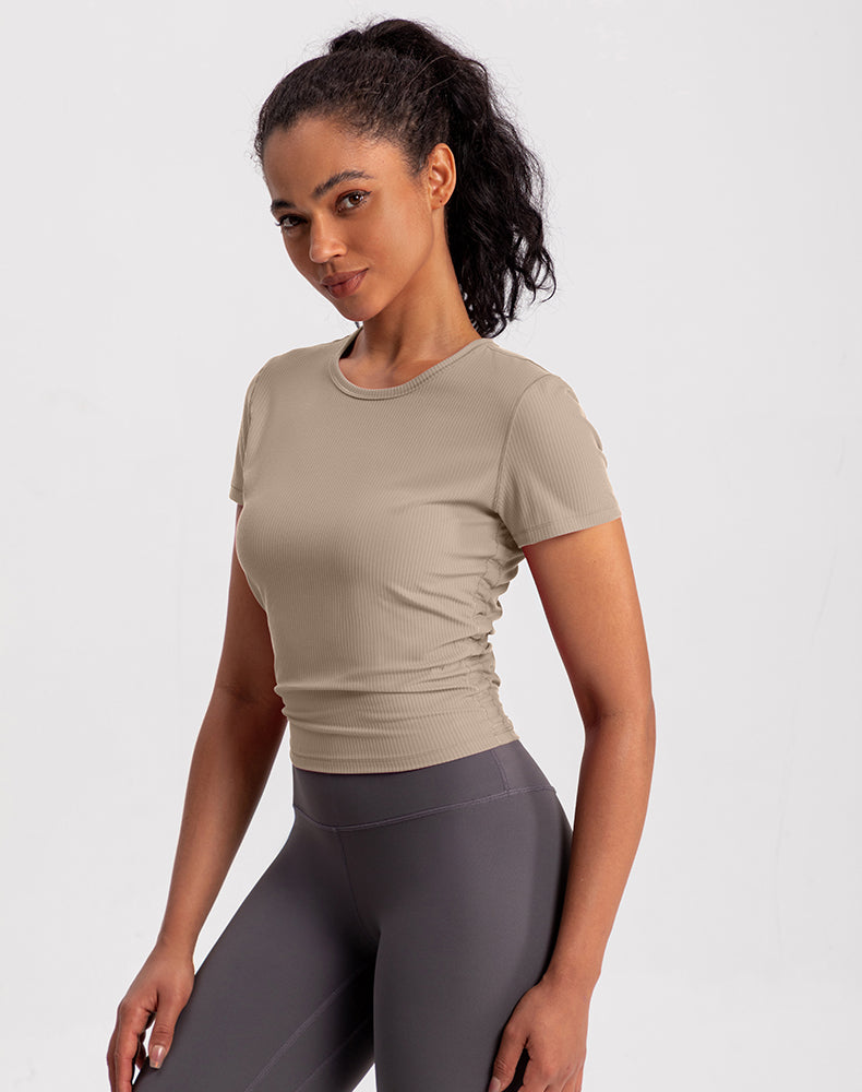 Side Pleated Ribbed Short Sleeve Yoga Top