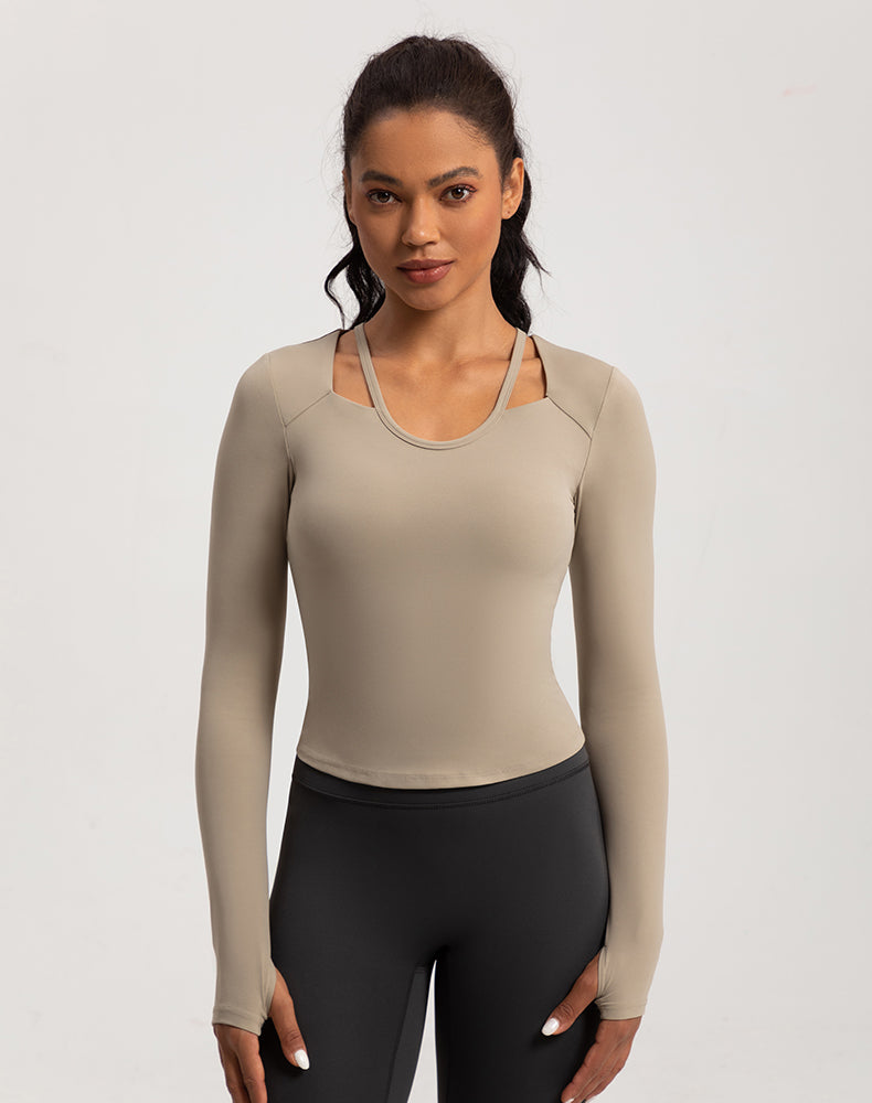 Neck Double Strap Long Sleeve Yoga Top