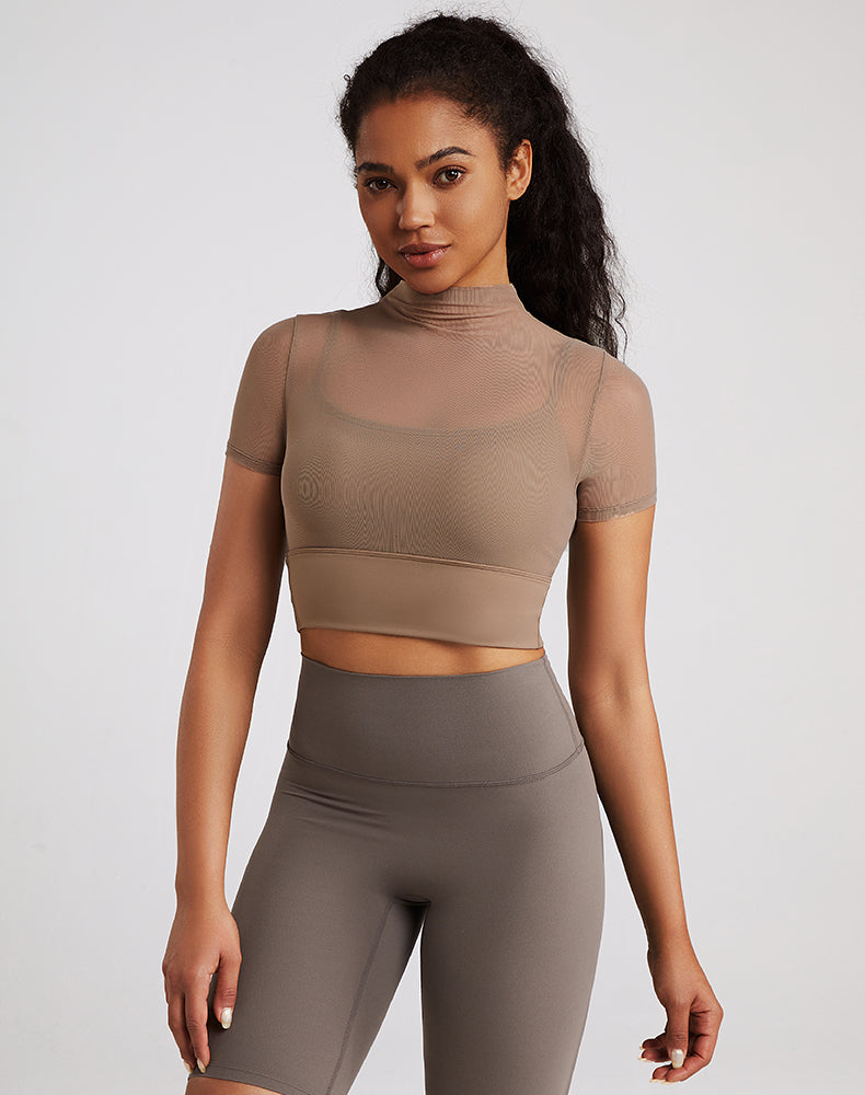 Built-in Bra Mesh Short Sleeve Yoga Top